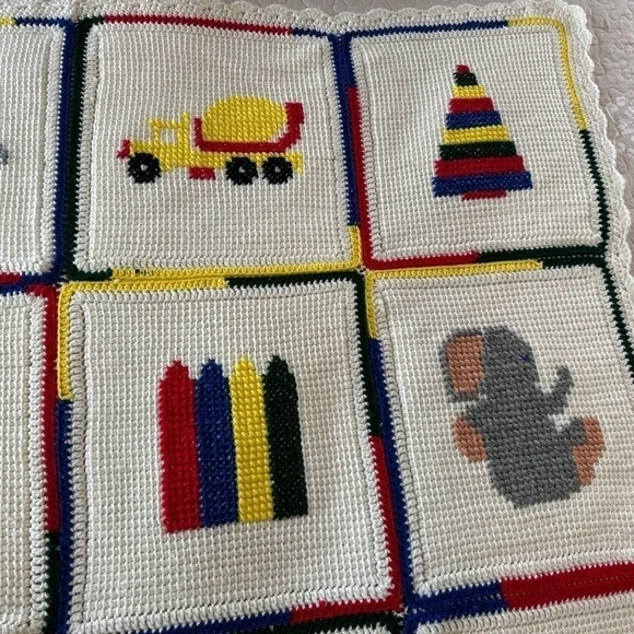 HANDMADE Crochet Knit AFGHAN Couch Lap Quilt THROW BLANKET Quilted Squares Kids